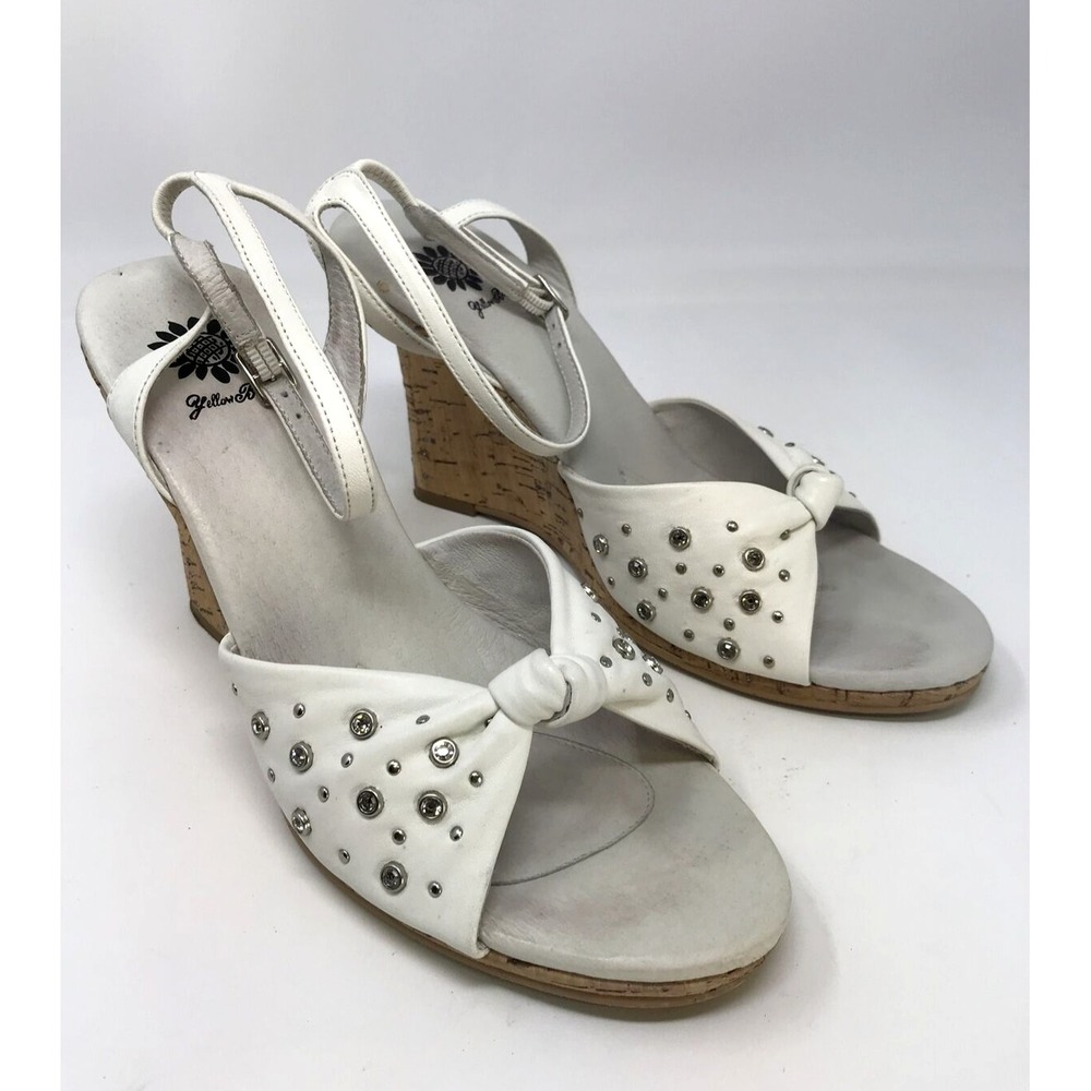 Yellow Box Uptown White Cork Wedge Sandals Studded Rhinestone Heels Womens 8.5